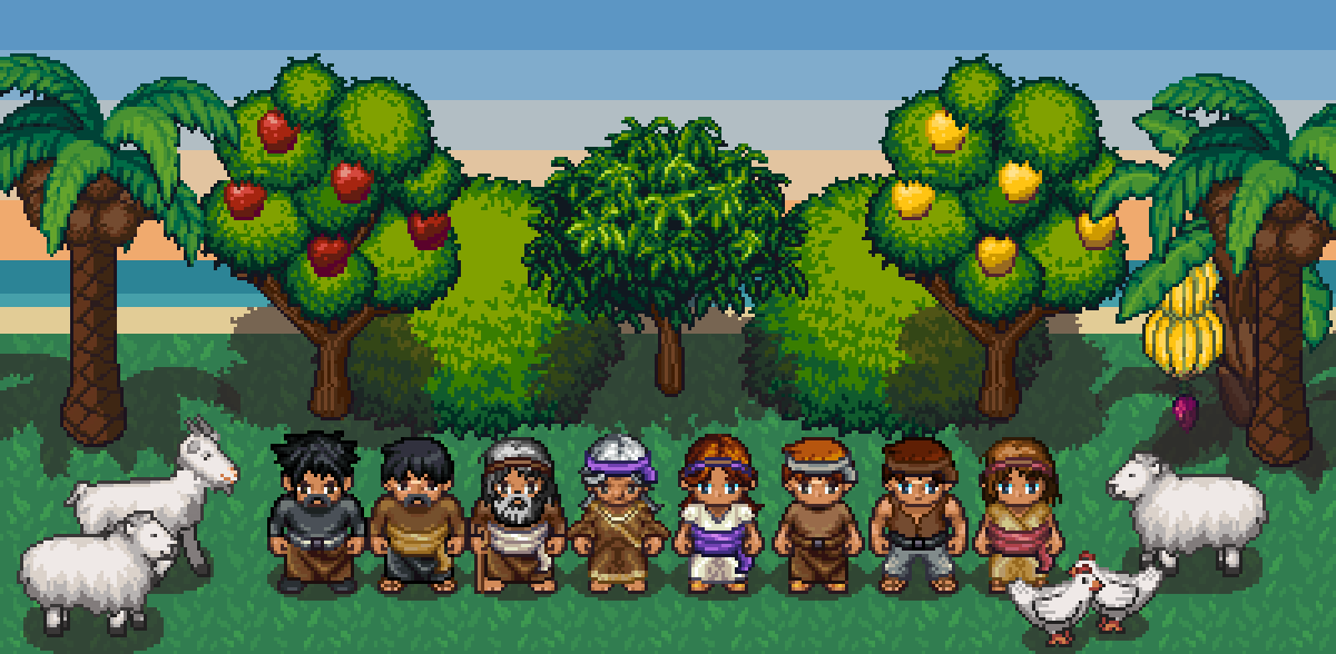 Nephi's family standing together on the shore of Bountiful, with fruit trees, palms, sheep, a goat and chickens